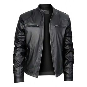 Men's Stand-up Collar Leather Jacket Business Casual Jacket (Option: Black-S)