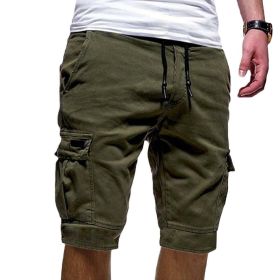 Men Casual Chino Cargo Shorts Elastic Waist Drawstring 6 Pockets Summer Trousers (Color: Green, Waist Size (inch): 34" - 36")