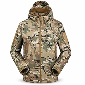 Men's Hooded Outdoor Jacket, Full Zip Tactical Style Jacket with Multiple Zipper Pockets and Adjustable Cuffs for Hiking, Camping and Travel, S–X (Color: Camo, size: XXXL)